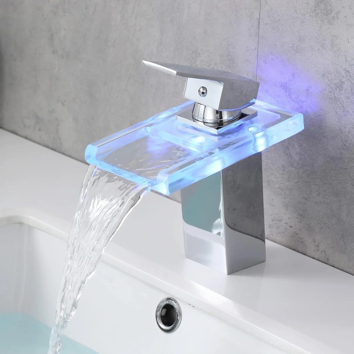 Baterie sanitara LED, spout din sticla, design modern, sensibilitate la temperatura