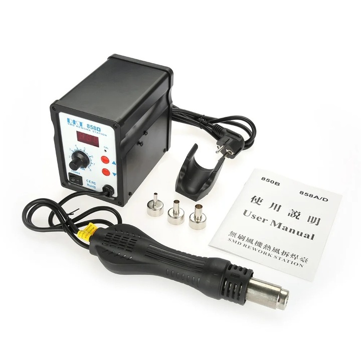 Set pistol de lipit cu aer cald, 220V, 700W, display digital LED, 3 duze, negru