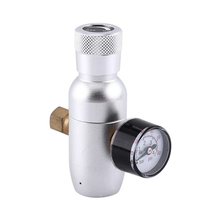 Incarcator CO2 Regulat, 0-60 PSI, Aluminiu Anodizat, 6.5x8cm, argintiu