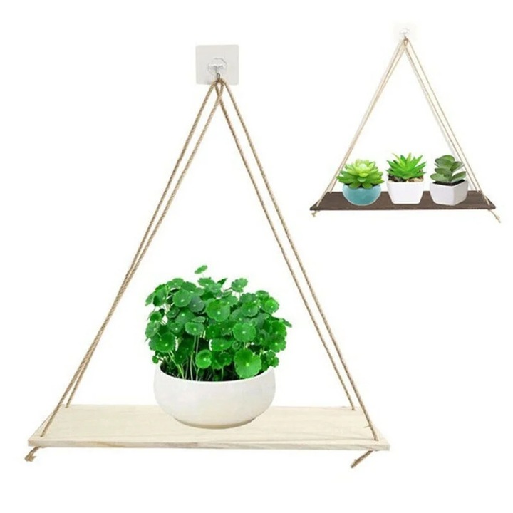 Raft de perete rustic din lemn cu franghie din iuta, suport pentru ghiveci, set multifunctional