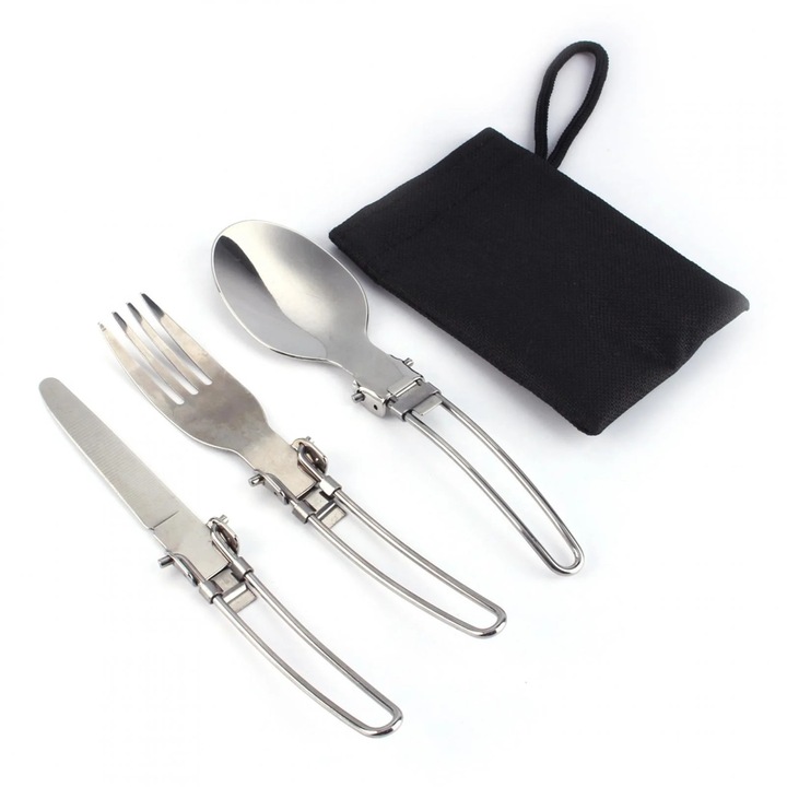 Set de tacamuri pliabile din inox pentru camping, 3 piese, argintiu, cu sac de transport