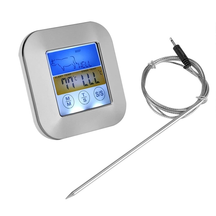 Termometru digital pentru carne cu touchscreen, presetari pentru 8 tipuri de carne, alarma, 8.5x8.5x2cm