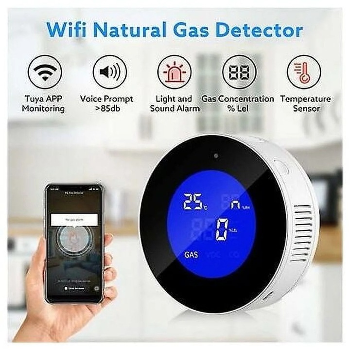 Detector de gaz WiFi, sistem de alarma pentru siguranta familiei, senzori multipli de gaz, integrare aplicatie inteligenta Tuya, set