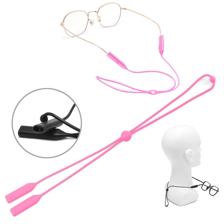 Snur siliconic pentru ochelari cu reglaj, antiderapant, 26cm, roz pudrat