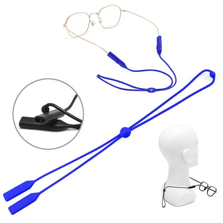 Snur siliconic pentru ochelari cu reglaj, antiderapant, albastru, 26cm