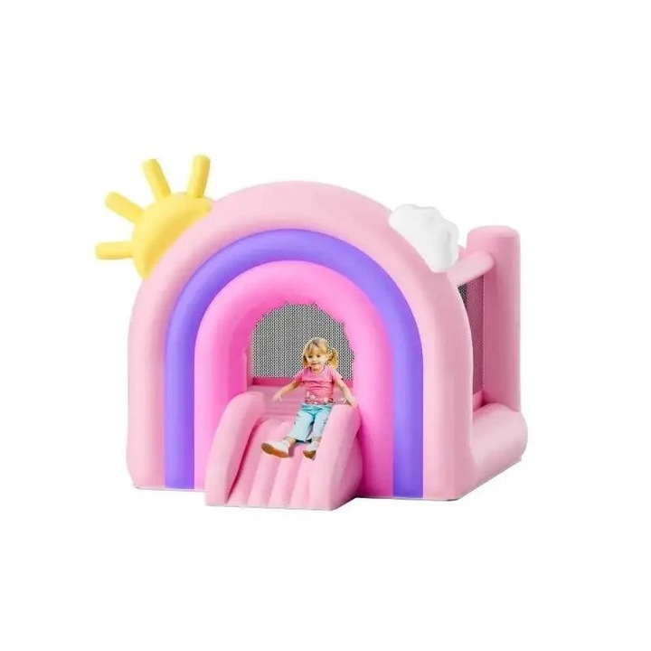 Felfújható ugrálóház, trambulin csúszdával és fúvóval, 280x230x230 cm, többszínű