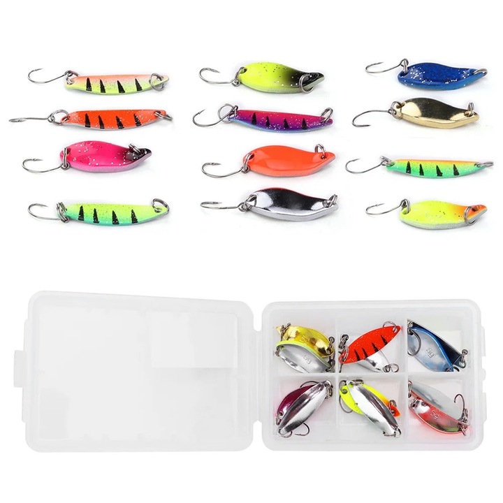 Set 12 Momeli Metalice, Multicolor, pentru Pescuit cu Carlig, Dimensiune 10x6.7x2.5cm