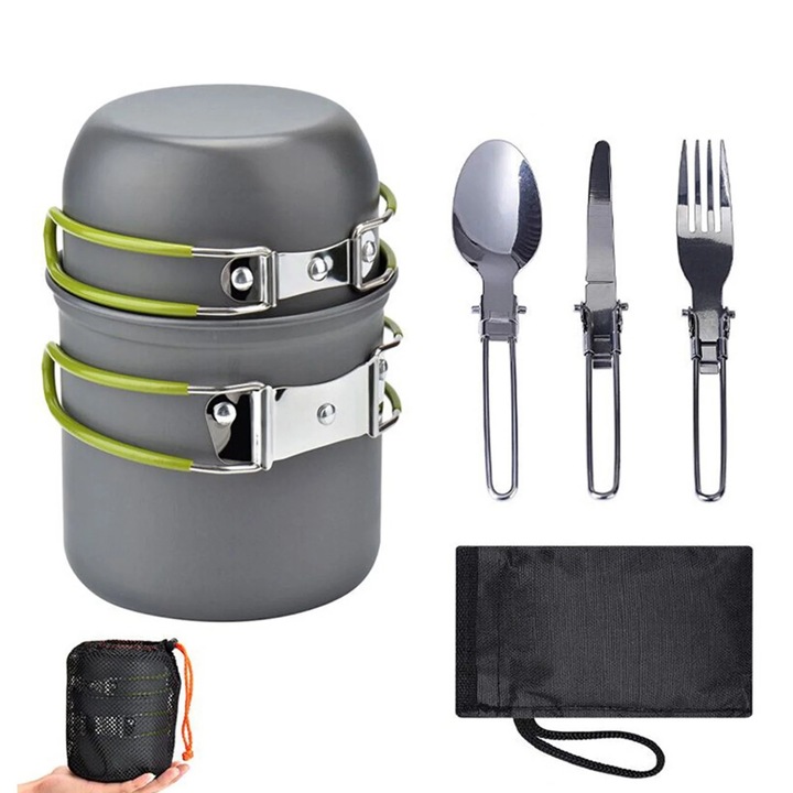 Set de ustensile de gatit pentru camping, aluminiu, manere verzi