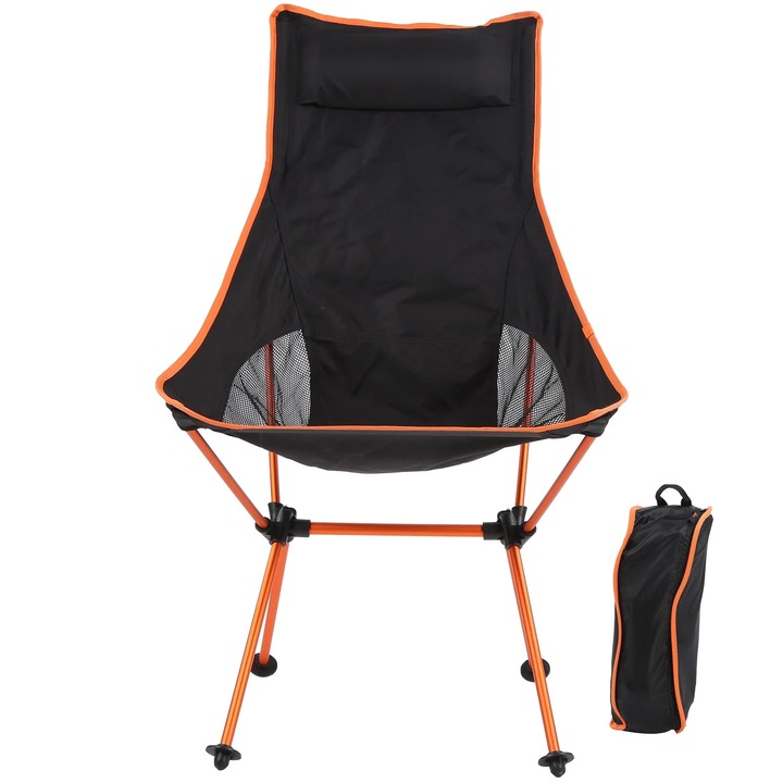 Scaun de camping, pliabil, portabil, 7075 aluminiu, 900D Oxford, portocaliu/negru, 49x43x104cm