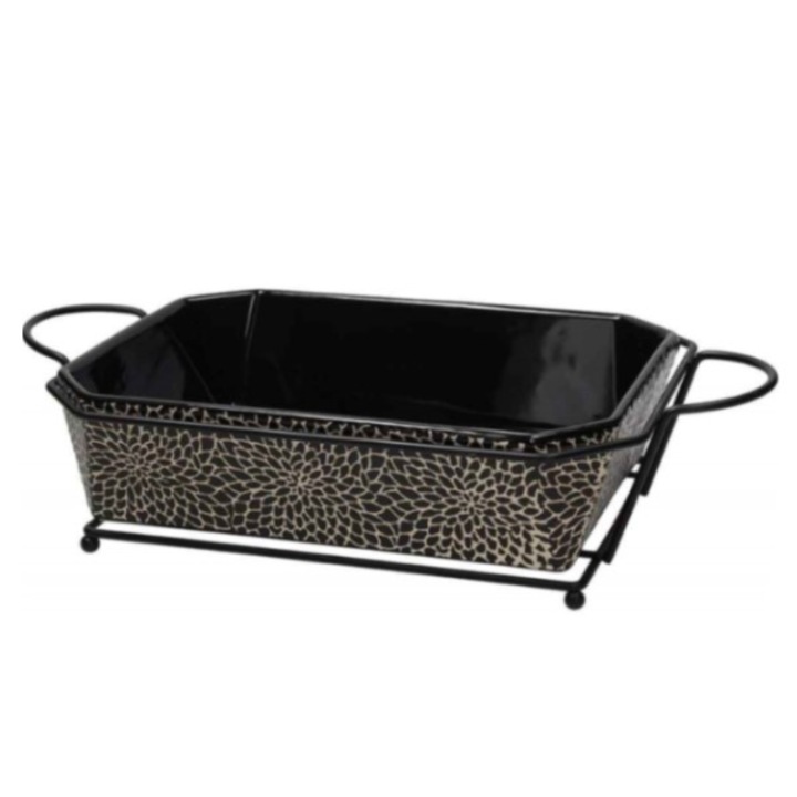 Tava de copt cu suport metalic Tognana, Radial, 28x21 cm, Negru si bej, Ceramica