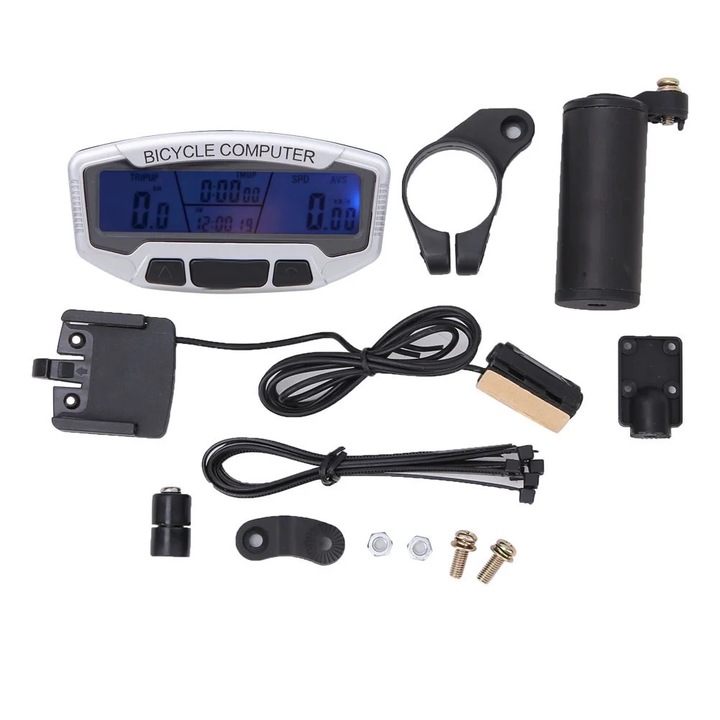 Ciclocomputer bicicleta, LCD cu iluminare de fundal, dimensiuni 9x4.5x1.5cm, functii multiple, waterproof