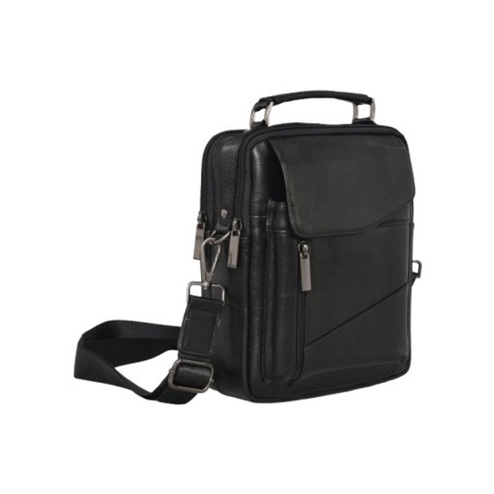 Férfi táska 1161, Valódi bőr, 19/23/7 cm, Fekete