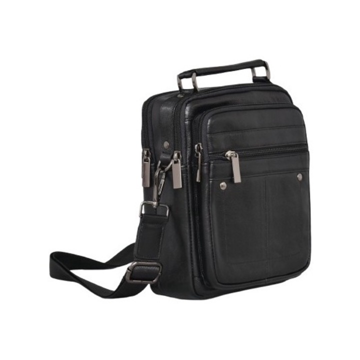 Férfi táska 1163, Valódi bőr, 18/24/7 cm, Fekete