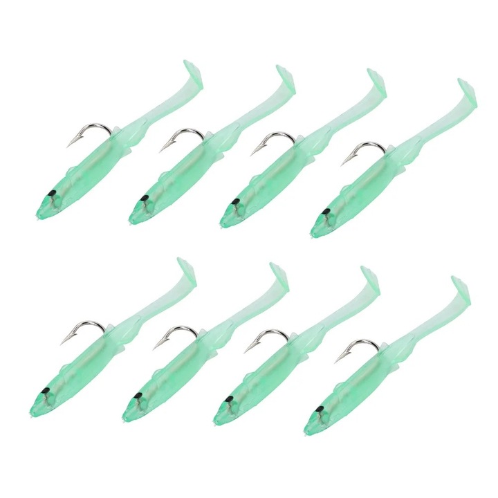 Momeli artificiale, naluci si jiguri, 8cm, 8 bucati, verde, din gel de silice, cu carlig barbed.