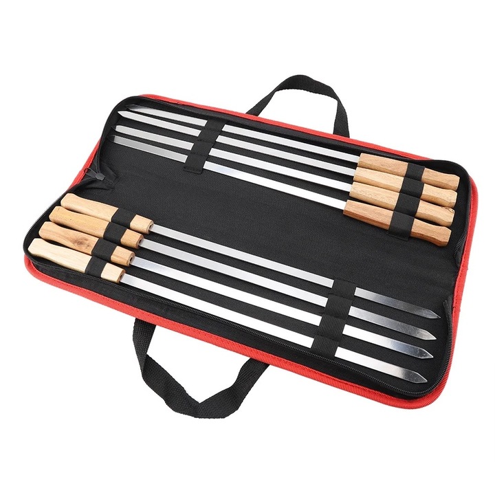 Set 8 tepuse din otel inoxidabil cu maner din lemn, 43.5x2x1.5cm, argintii