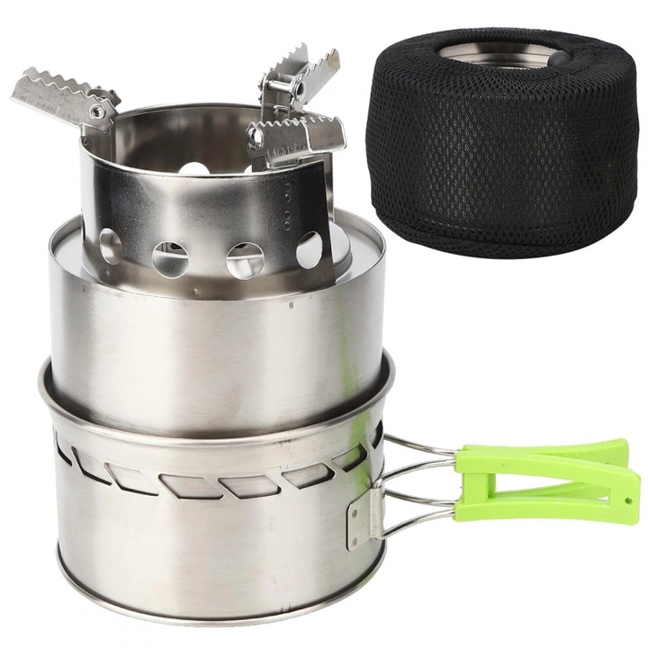 Arzator camping din otel inoxidabil, cu design rezistent la vant, 624g