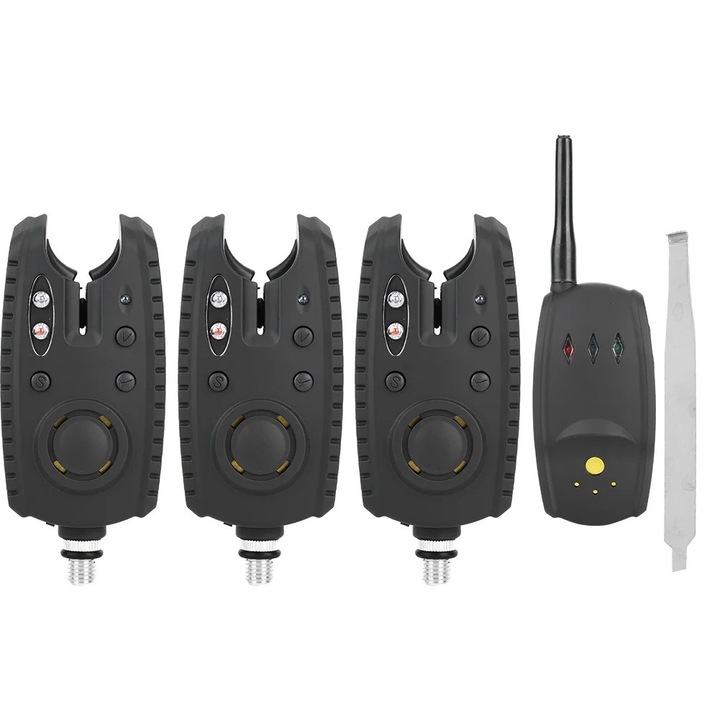 Sistem de semnalizare pescuit, 3 transmitatori, 1 receptor, negru, 11.8x5.3cm, 15.5x4.8cm