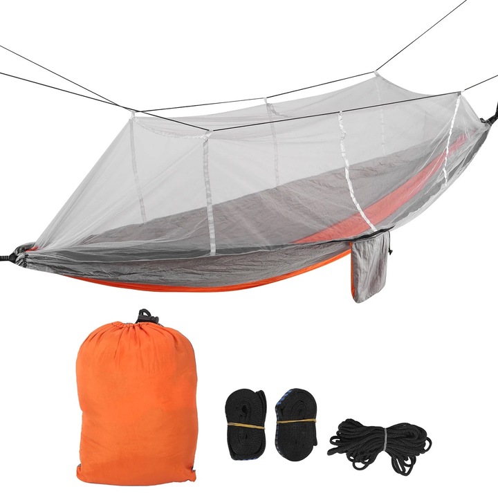 Hamaca cu plasa impotriva tantarilor, 260x140cm, portocalie si gri, capacitate 300kg