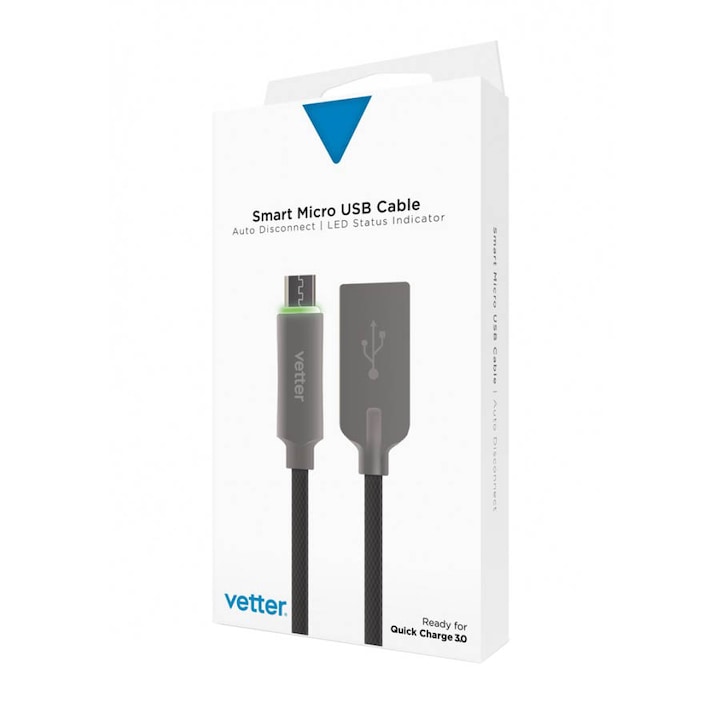 Vetter Smart Micro USB adatkábel, Auto Disconnect, LED állapotjelző, 1.2m, Fekete