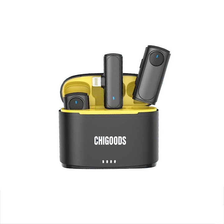 Комплект от 2 професионални петлични микрофона, CHIGOODS, За iPhone серия 5-14, безжичен 2.4G Сигнал, Lightning интерфейс, 500mAh Живот на батерията, Цифров дисплей, Интервю на открито/VLOG, Жълто/Черно