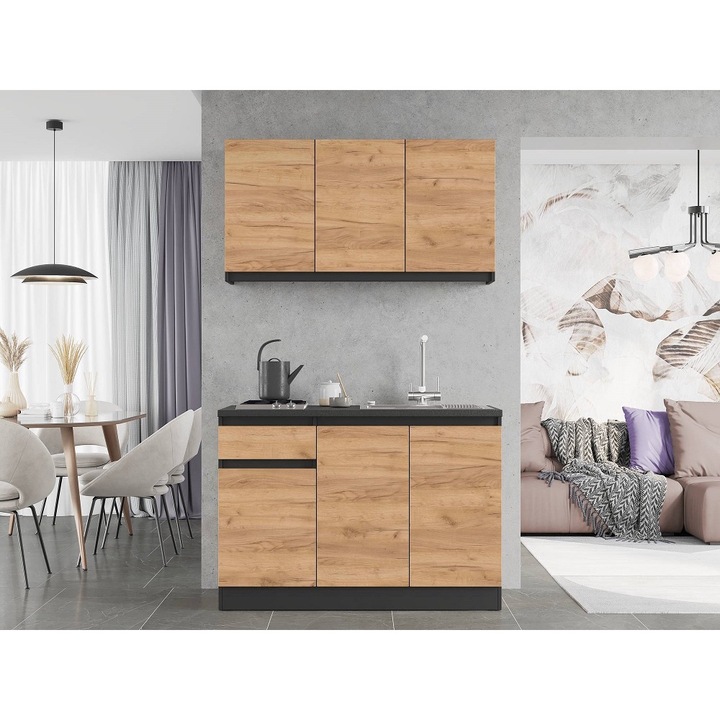 Комплект мебели за кухня, ЕКО К-5, Еверест Мебел, 120х204х60 см, Антрацит/Дъб крафт злато