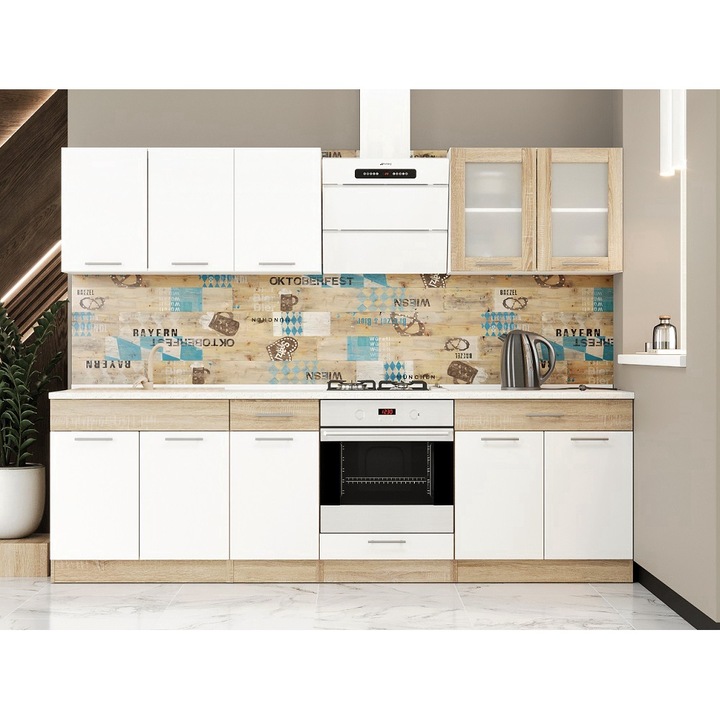 Set mobilier bucatarie ECO № 4, 10 usi, 3 sertar, Everest Mebel, 260х198х60 cm, Sonoma/Alb