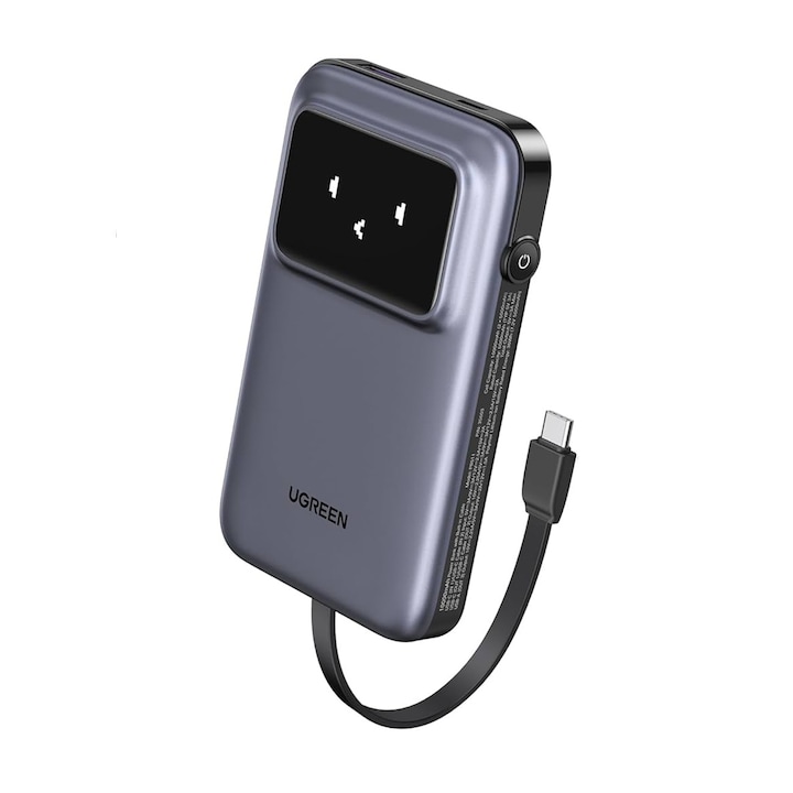 Външна батерия UGREEN 10000 mAh 30W, вграден кабел Type-C, PB511/35603B, графит