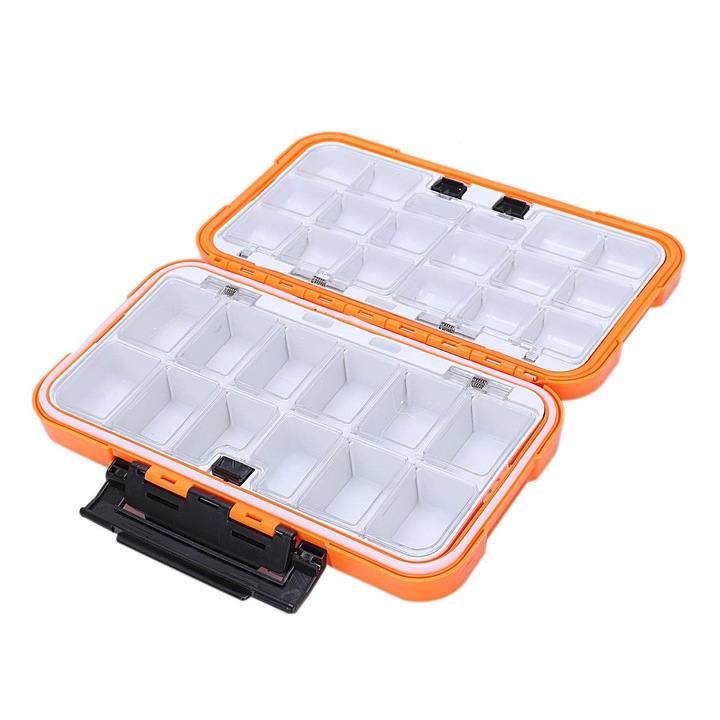 Cutie pescar, GOGOU®, 200x110x50 mm, din ABS, 2 deschideri, 30 compartimente, Portocaliu