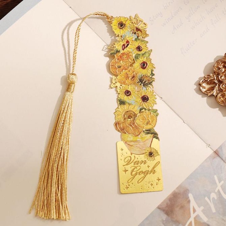 Semn de Carte Metalice cu Ciucuri, Picturi in Ulei de Stil Vintage Inspirate de Van Gogh, 25x105 mm, Floarea-Soarelui