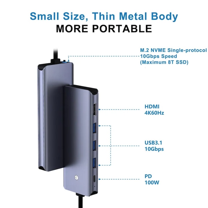 Docking Station 6 in 1, HUB USB-C 3.1 Gen2, slot M.2 NVMe SSD Enclosure, Q-Elite®, HDMI 4K 60Hz, USB 3.0 10Gbps, PD 100W