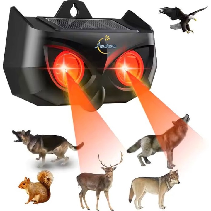 2 db vadállat elleni készlet, Anti Predators, Anti Farkas, Anti görény, róka, szarvas, sólyom, bagly, napelemes töltés, min. 24 óra, Vízálló, Szürkület érzékelő, 2 pirosan villogó LED, Háztartást véd, Állati kiságy, Stabil, Fekete