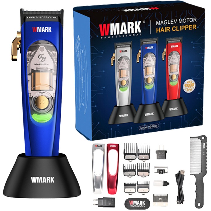 Professzionális hajvágó, 10 000 RPM motor, titán pengék, LED kijelző, 3 cserélhető mágnessapka, töltőállvány, gyors USB, vízálló, ergonómikus, ideális fodrászokhoz és szalonokhoz, kék, nulla vágás, hosszállítás, prémium