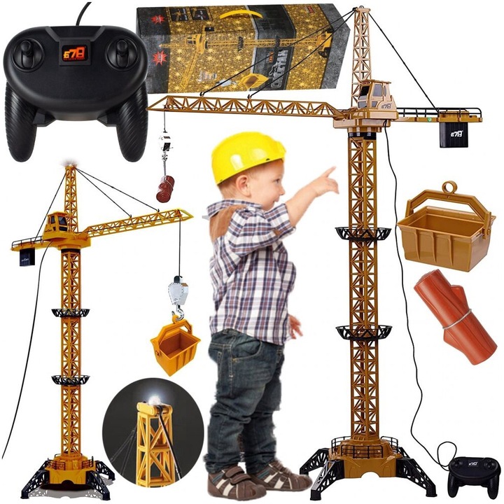 Електрическа играчка кран с дистанционно управление "ISP LikeSmart Crane XXL", LED светлини, въртене на 360°, 4 опорни рамена, реалистичен дизайн, 128 cm