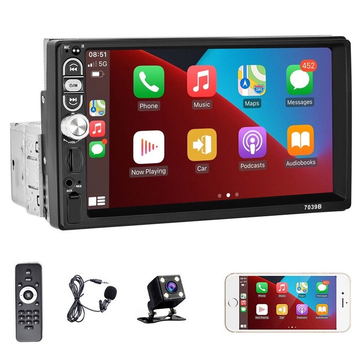 1 DIN радио за кола, модел 7039b, 7 инча, Bluetooth, Carplay, многоцветно