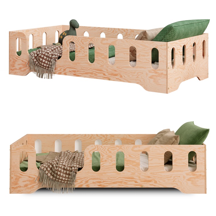 Pat copii 160x70 cm din lemn de pin natural, cu balustrada de siguranta, somiera cu lamele pana la 230 kg, margini rotunjite, structura solida, stil scandinav, montaj usor – Pat Montessori TILA 2L pentru baieti si fete – Smartwood