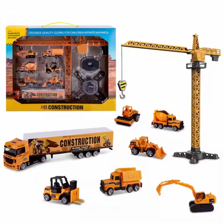 Set 8 Utilaje de Constructii pentru Copii, Simply Joy, pentru baieti de 3, 4, 5, 6, 7 ani - Set Masini de Jucarie cu Macara, Excavator, Betoniera, Basculanta, Buldozer, Stivuitor, Nivelator, Masina de transport, Jucarii Cadou pentru Baieti si Fete, Galben