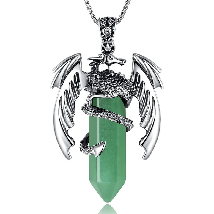 Colier Dragon cu Pandantiv din Cristal, Qingbin, Inox, Verde, 60cm, Set Bijuterii pentru Barbati si Femei