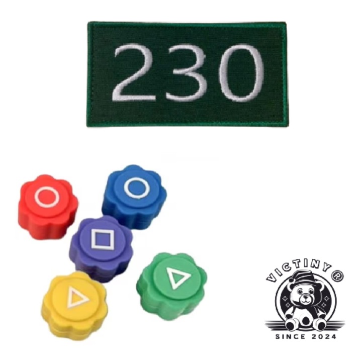 2 részes játékkészlet, Gonggi és embléma, 230-as játékosszámú folt, VICTINY ® zöld squid game
