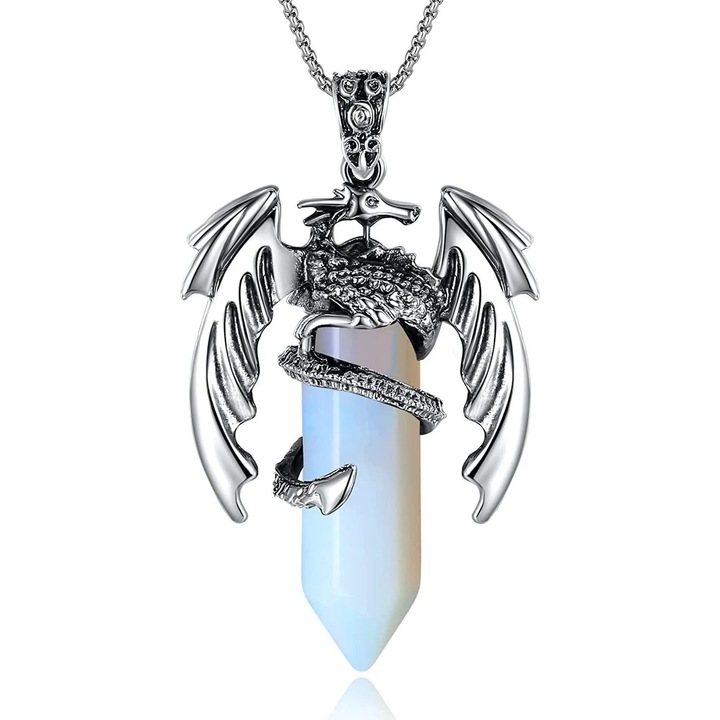 Sárkány nyaklánc kristály medállal, Qingbin, rozsdamentes acél, fehér, 60 cm