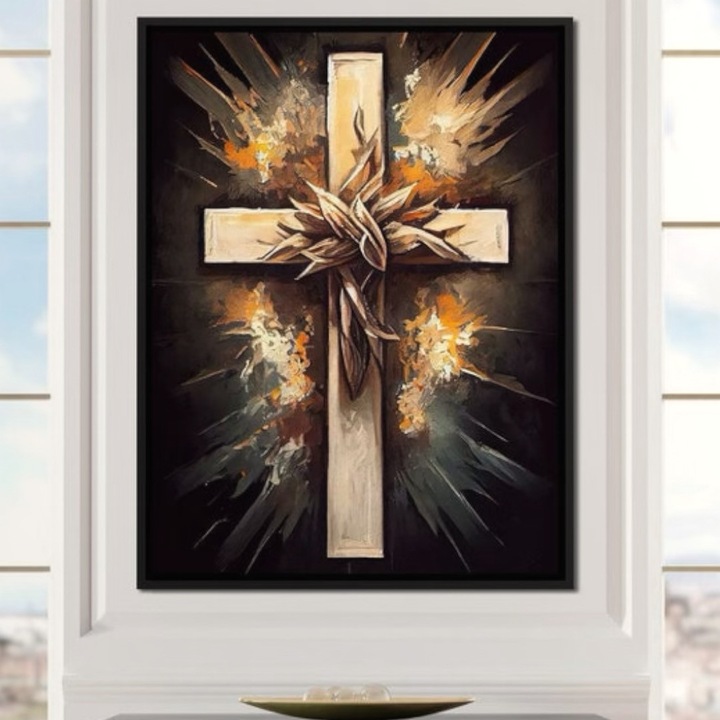 Премиум картина върху платно, LuxCanva® H1029 Свещено ехо на жертвоприношението, 100 X 135 см, 100% памучно платно 400 г/м2, дървена рамка, корона, тръни, жертвоприношение, божествено, спасение, библейско, жертвоприношение, кръст, хол, спалня