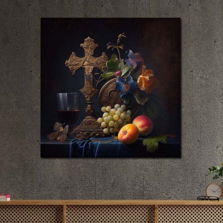 Премиум Канава Картина, LuxCanva® H1030 Свещена Натюрмортна Природа, 75 X 75 СМ, 100% Памучно Платно 400гр/м2, Дървена Рамка, Символи, Кръст, Плодородие, Земя, Плодове, Вино, Свещено, Светлина, Сянка, Всекидневна, Спалня
