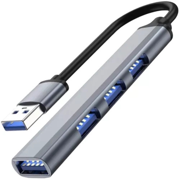 Hub pentru transfer date cu 4 porturi USB VarioShop®, 3.0 si 2.0, tehnologie Plug and Play, compatibil cu Windows, MacOS, Linux, 9 x 1.7 x 0.9 cm, Gri