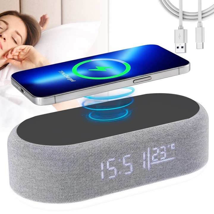 4 в 1 дигитален часовник с безжично зареждане, Enforose, 15W, LED дисплей, нощна лампа, димер на яркостта