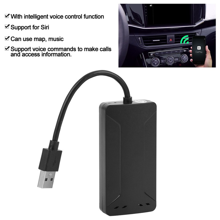 Carplay USB adapter, TNEAYWHE, iOS és Android telefonokkal kompatibilis, hangvezérlés, ABS, 12-24V