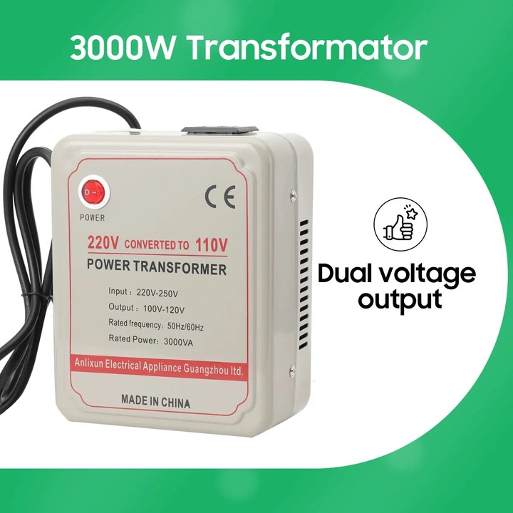 Трансформатор за напрежение, 220V-250V към 100-120V, 3000W, компактен, 26x18x13cm