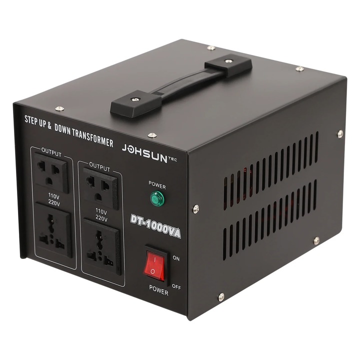 Трансформатор за напрежение, 1KVA, защита от претоварване, железен корпус, преносим, 110V/220V, черен