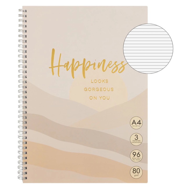 Тетрадка Dictando, модел Happiness, голо розов цвят, размер A4, 3 теми, 96 страници, мека корица, спирала