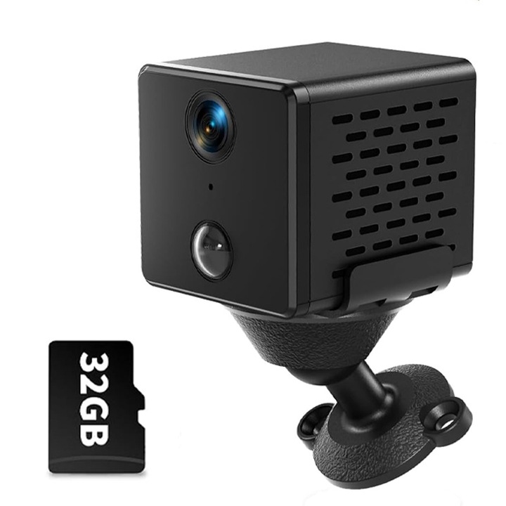 Camera Spionaj, Rqiurpn, Inregistrare Video si Microfon, WI-FI, 1296P HD, Unghi Larg 145°, Senzor Miscare, Vedere Nocturna, Cu SD 32GB, 1500 mAh, Aplicatie Pe Telefon, Negru