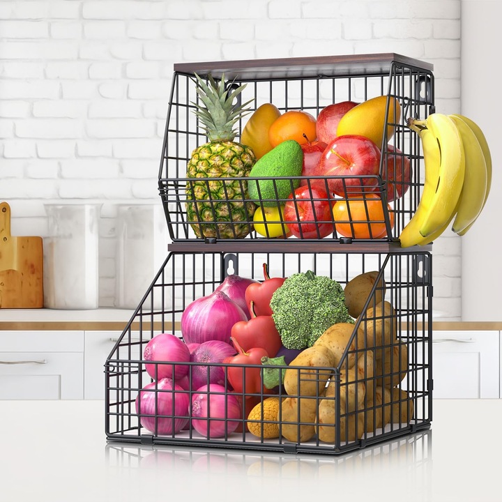 Cos fructe si legume, organizator de bucatarie, stivuibil, cu capac lemn, 30x20x22cm