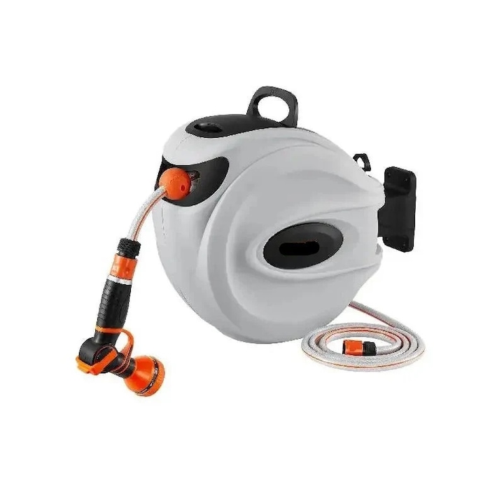 OEM Falra szerelhető visszahúzható tömlődob, 20 m, automata visszahúzó rendszer, 180 forgatható konzol, szürke